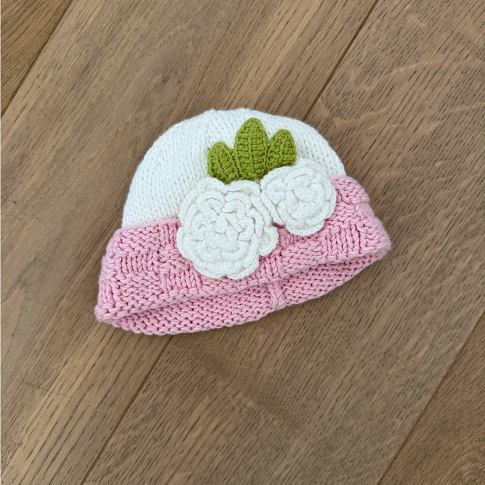 Charming Pink and White Knitted Hat with Floral Accents